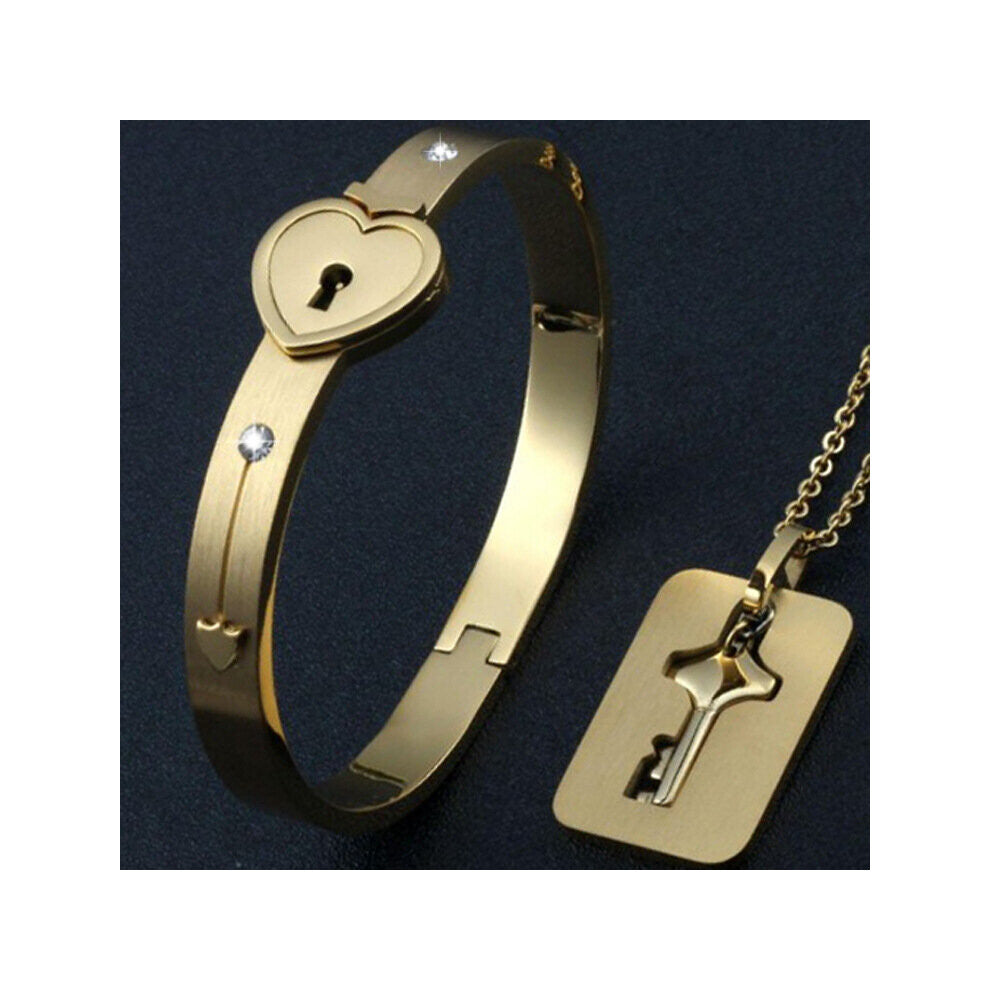1 set Matching Puzzle Couple Heart Lock Bracelet and Key Pendant Necklace for Men Women Lover Anniversary