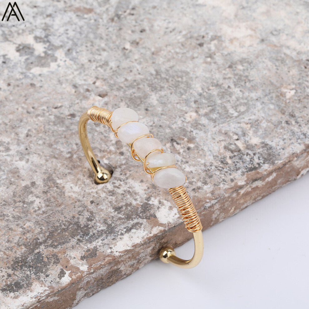 Wire Wrap Rainbow Fluorite Stone Chip Beads Open Cuff Bangles Bracelets Women Crystal Beads Bangle Jewelry N0498AMAJ