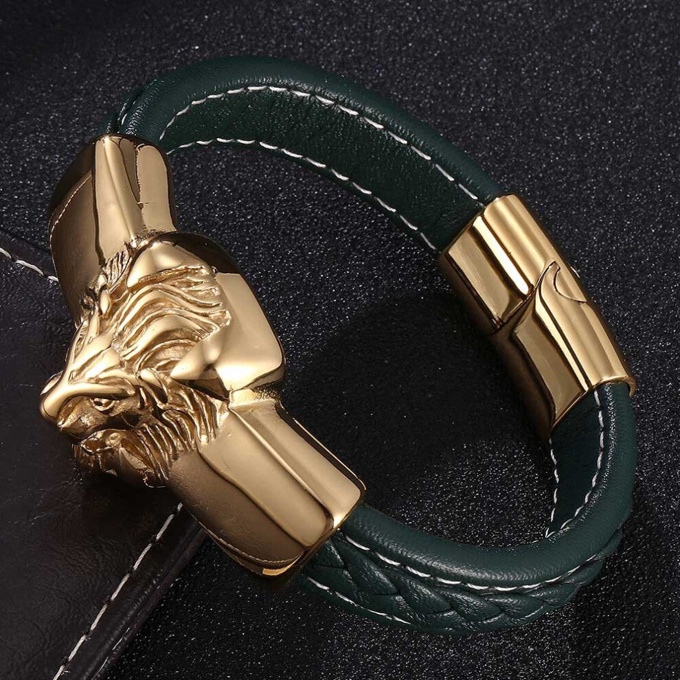 (Hot Stamping, 16.5cm) FORTAFY Green Braided Leather Men Bracelets & Bangles Lion Head Stainless Steel Biker Chain Male Punk Jewelry Gift FR0818