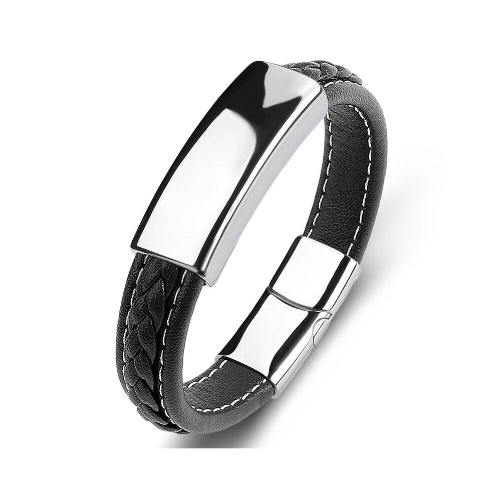 (Hot Stamping, 21cm) Men Braided Leather Bracelets Glossy Stainless Steel Magnetic Clasp Party Bangles Punk Jewelry Male Wristband P124