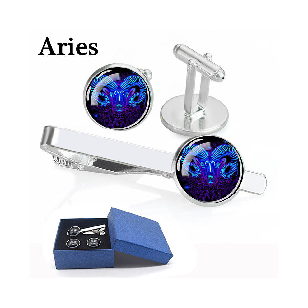 Esspoc 12 Constellation Tie Clip and Cufflinks Necktie Clip Gentleman Jewelry Set Zodiac Signs Jewellery Men