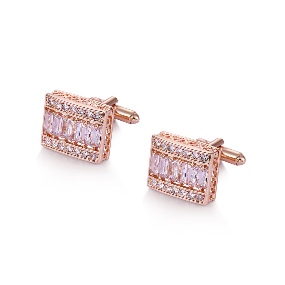 Rose or Rhodium Silver Colors Cubic Zirconia Rectangle CuffLink for Men