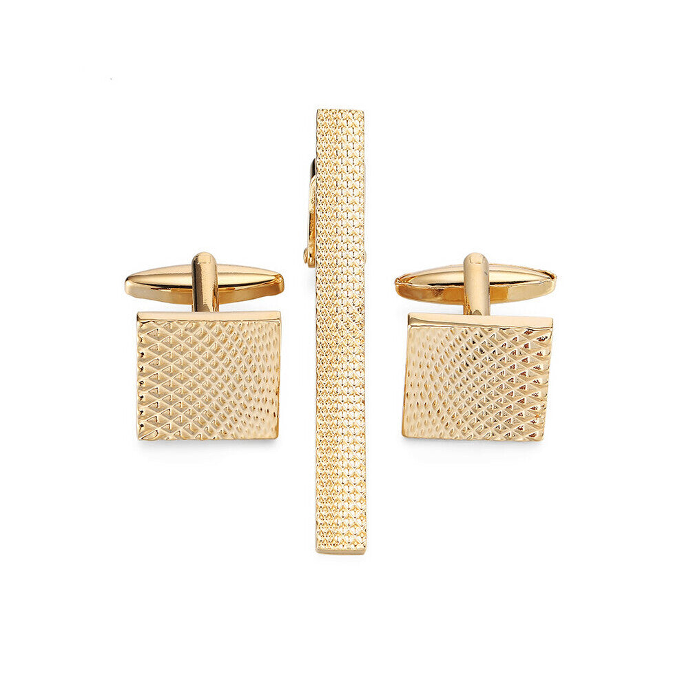 WN A set of men hand carved square patterned tie clip Cufflinks set