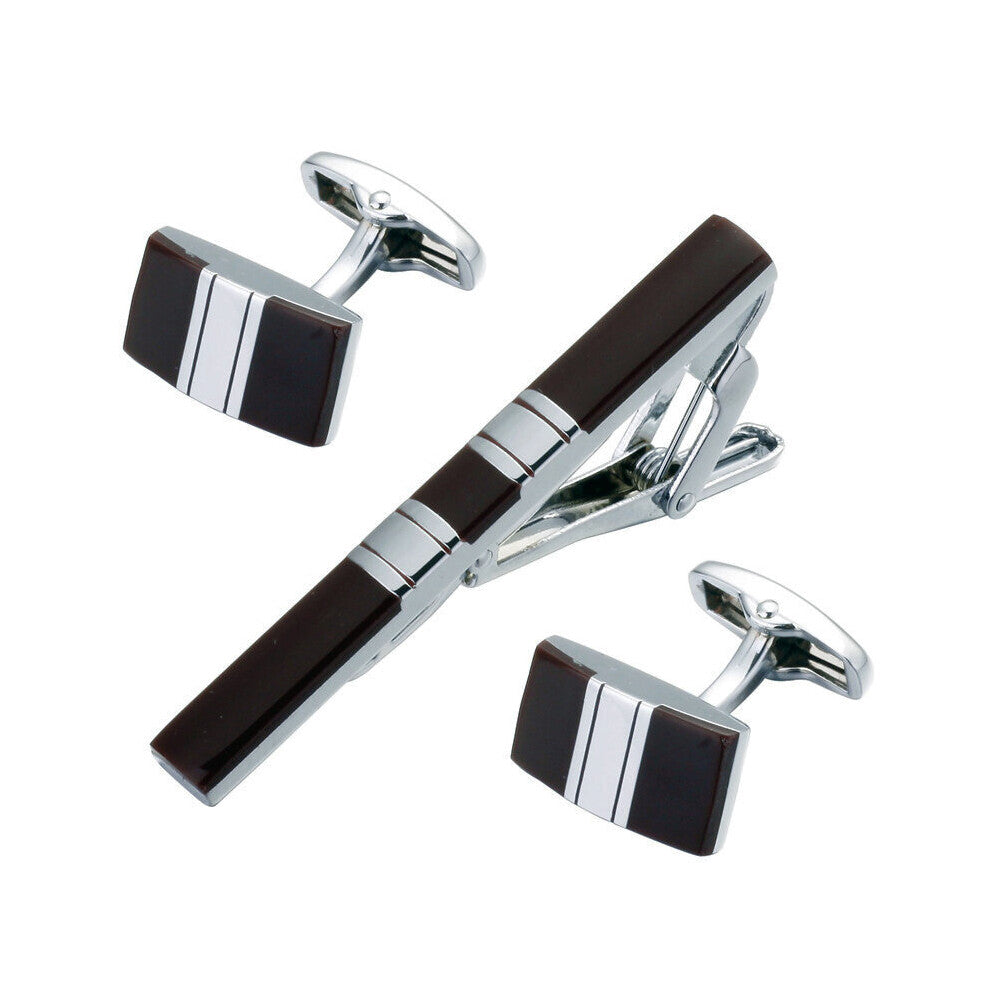 The Enamel Silvery striped tie clip Cufflinks set men French Cufflinks tie clip