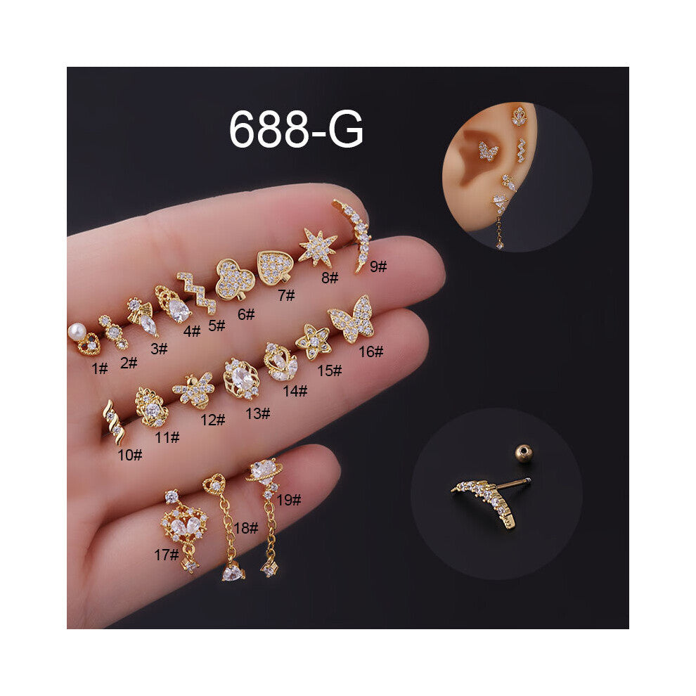 (Blue) 1Piece Zircon Dangle Earrings Heart Star Bee Women Earrings Jewelry Ear Cuffs 0.8mm Piercing Stainless Steel Stud Earrings