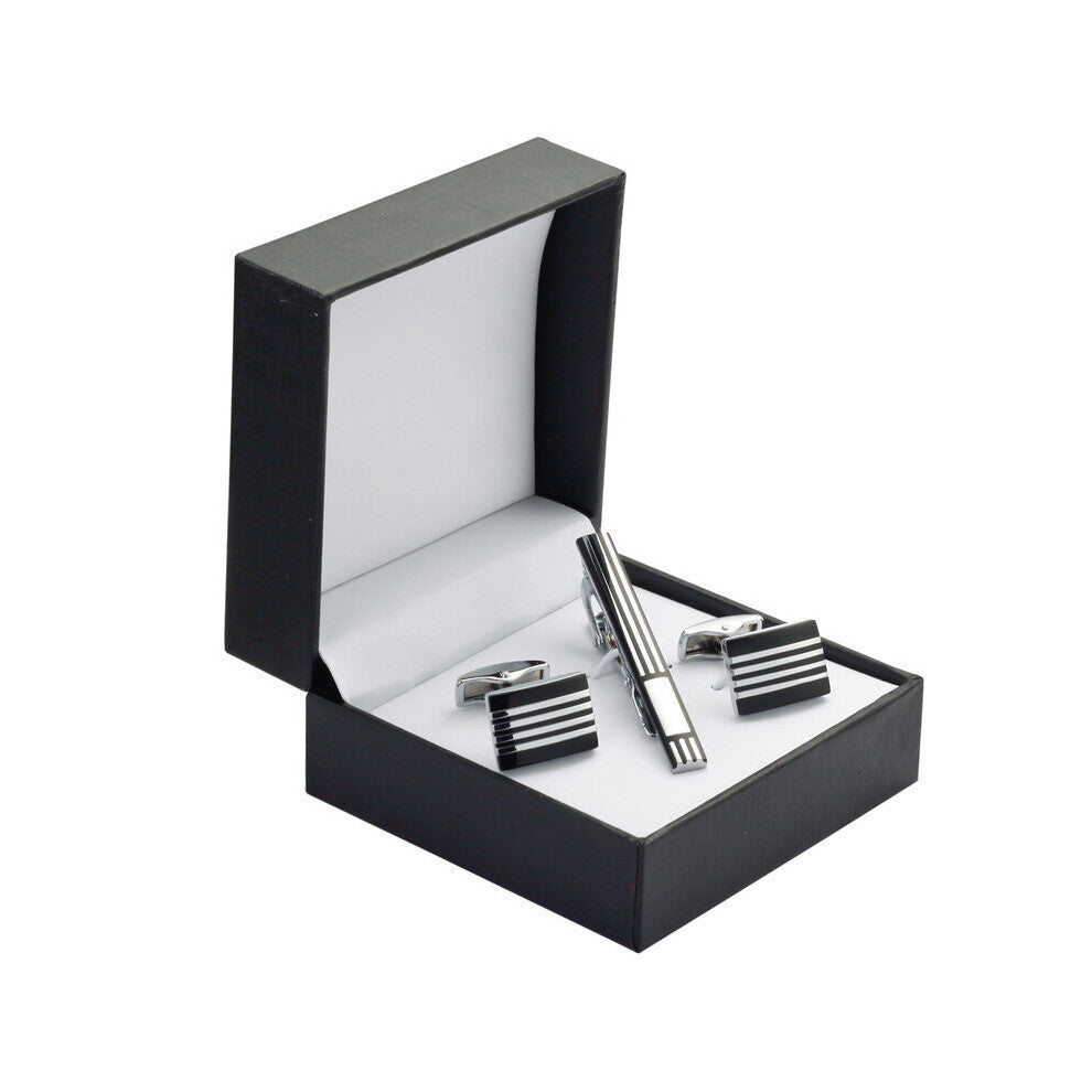 A set of Enamel Cufflinks striped tie clip Cufflinks Wedding Gift Box Set men