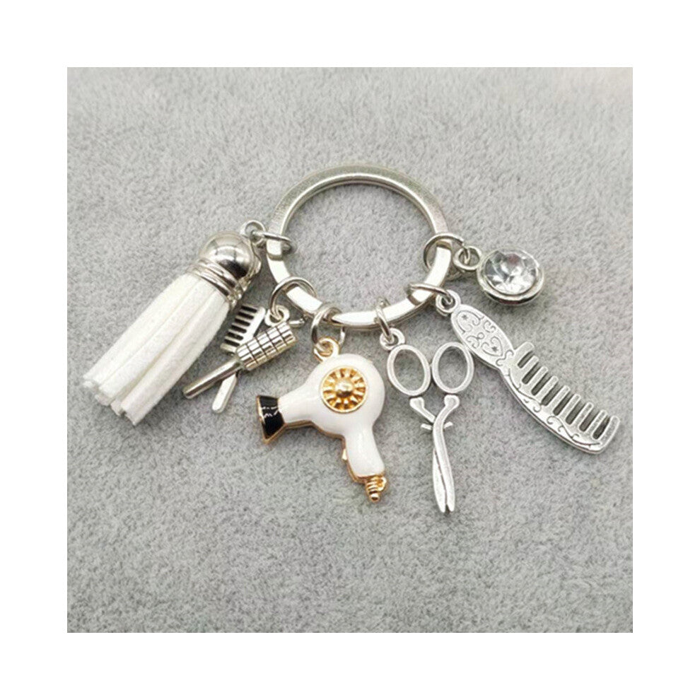 (White) hairstyle charm tassel keychain retro jewelry mini hairdressing scissors hair dryer comb keychain DIY manual