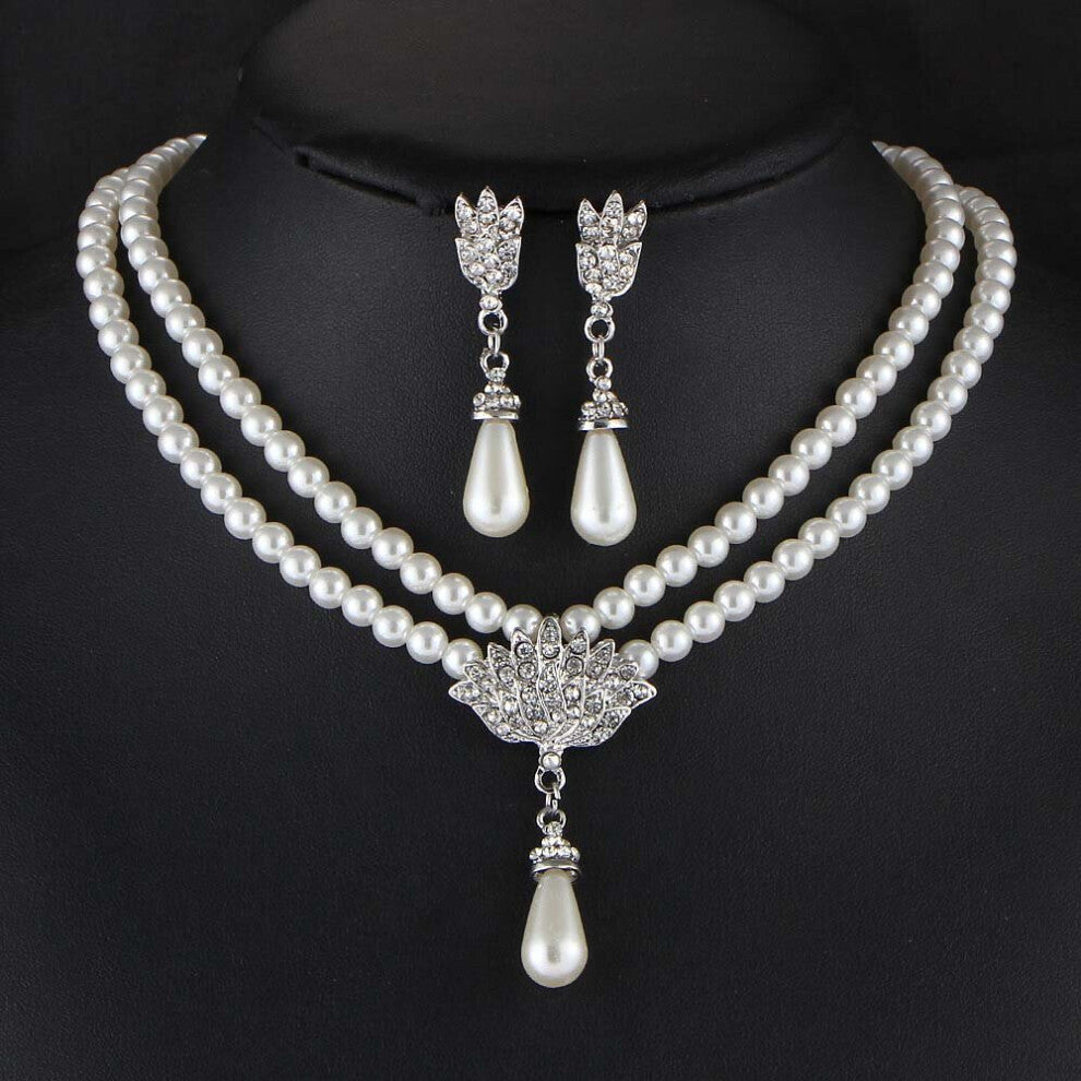Simulated-pearl Bridal Jewelry Sets Rhinestone Pearl Drop NECKLACE+EARRINGS Wedding Jewelry Sets for Women