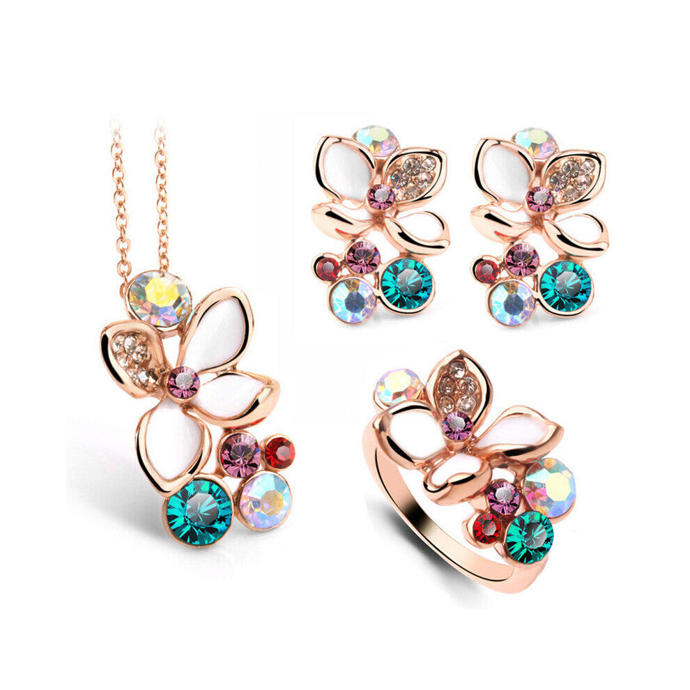 Flower Crystal Rhinestone Pendant Necklace-Earring-Ring Bridal Jewelry Set For Women Wedding