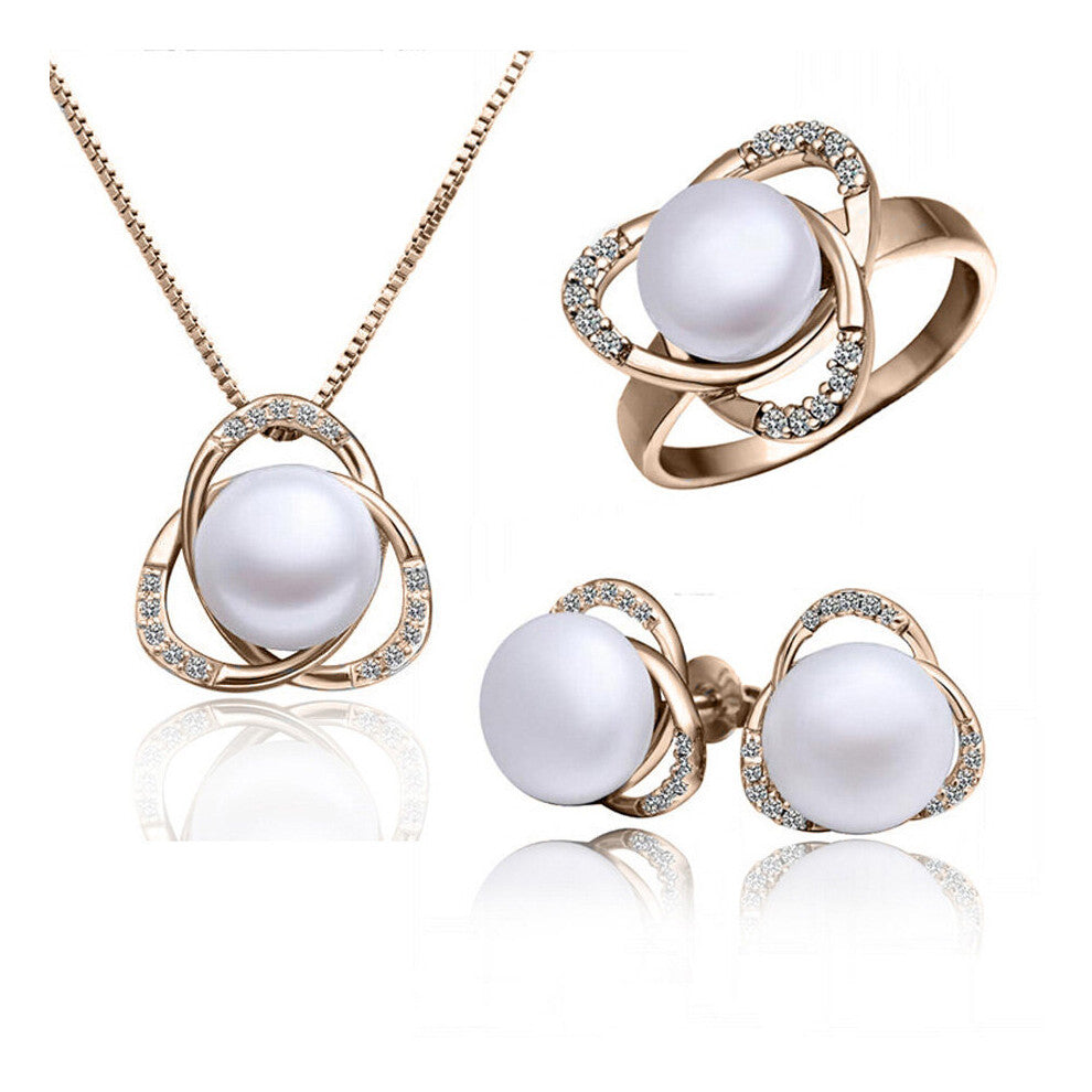 austria crystal women freshwater Pearl triangle pendant necklace-earrings-rings Jewelry Sets