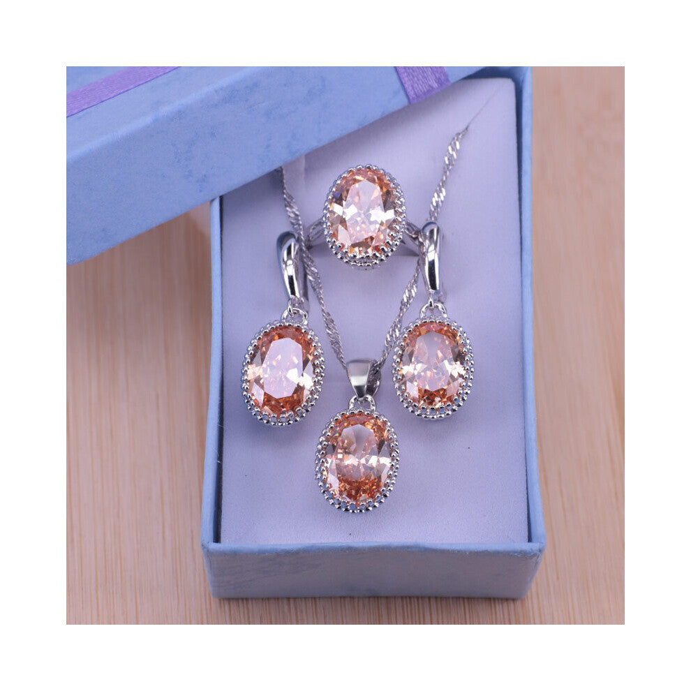 (Rhodium Plated, 7) Silver Jewelry Oval Pendant Necklace Earrings+Rings Pretty Cubic Zirconia For Women Bridal