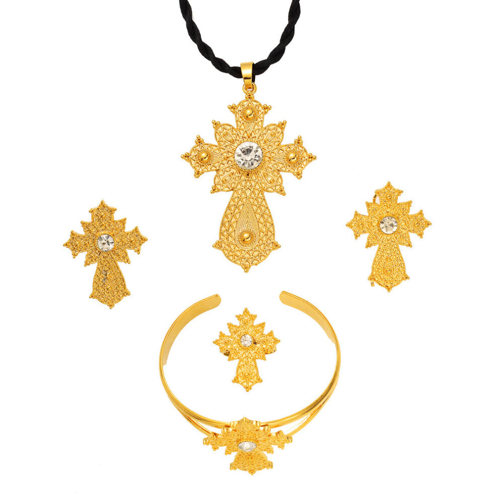Ethiopian Rhinestone Big Cross Jewelry Set Necklace-Earrings-Ring-Bangle Habesha Africa Wedding