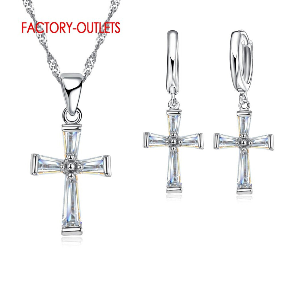 Classic Zircon Crystal Cross Shape 925 Jewelry Set For Women Earrings+Necklaces Sets Christmas