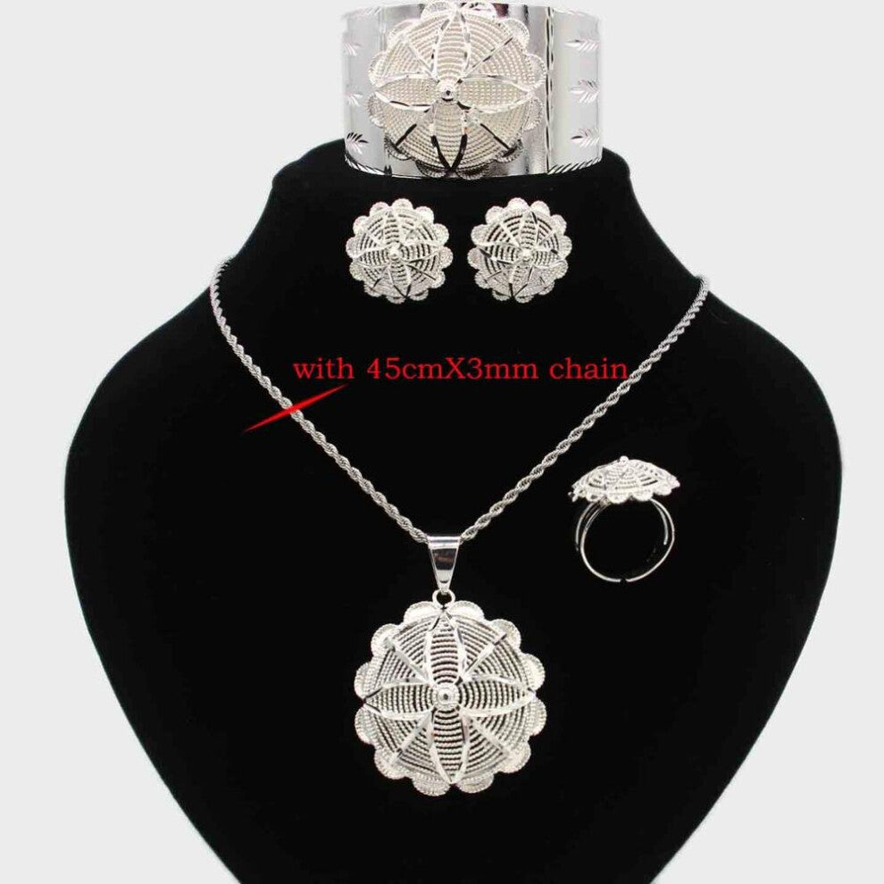 Bride Jewelry Set Silver Plated Eritrean-Ethiopian-African Necklace-Pendant-Bangle-Earring-Ring Wedding Jewelry Sets