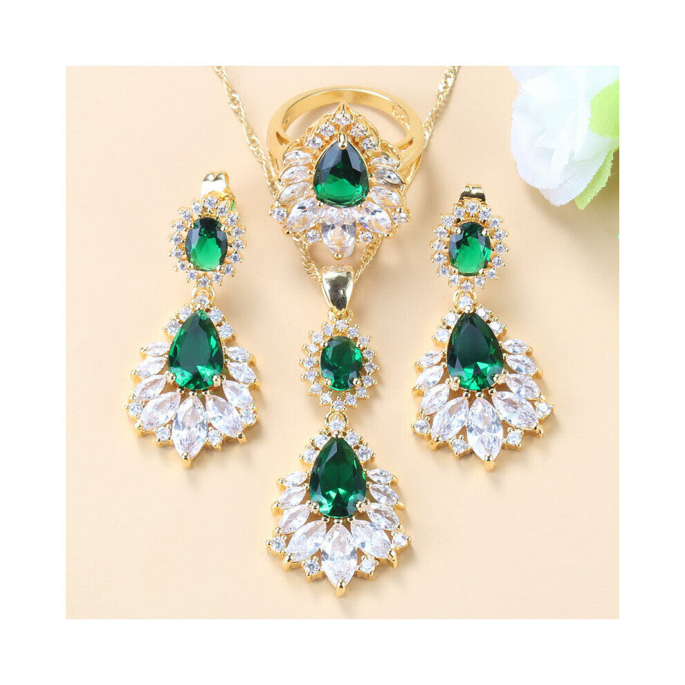 (Light Yellow Gold Color, 9) Africa Women Yellow Big Jewelry Sets Zircon Crystal Long Stud Earrings-Bracelet-Ring Four-Piece Suit