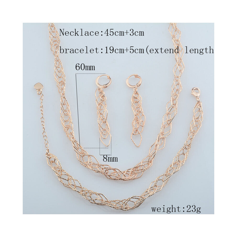 Women 585 Rose Bracelet+Earrings+Necklace Gypsophila Style Adjustable Length Set Jewelry