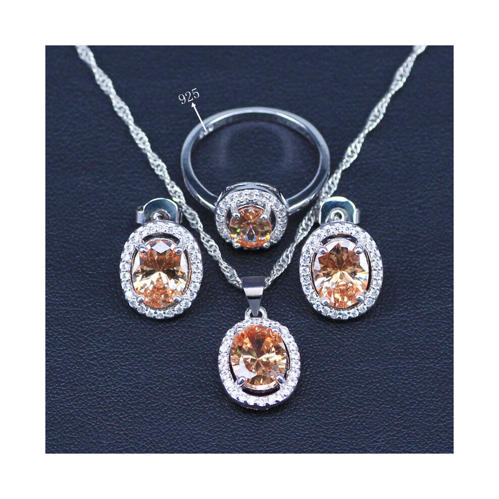 (Rhodium Plated, 8) Natural Light Champagne Cubic Zircon Silver Jewelry Sets For Women Wedding Earrings-Pendant-Necklace-Rings