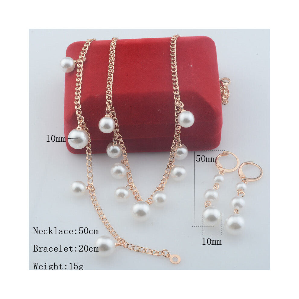 Women 585 Rose Pearl Strand Bracelet+Earrings+Necklace Set Jewelry