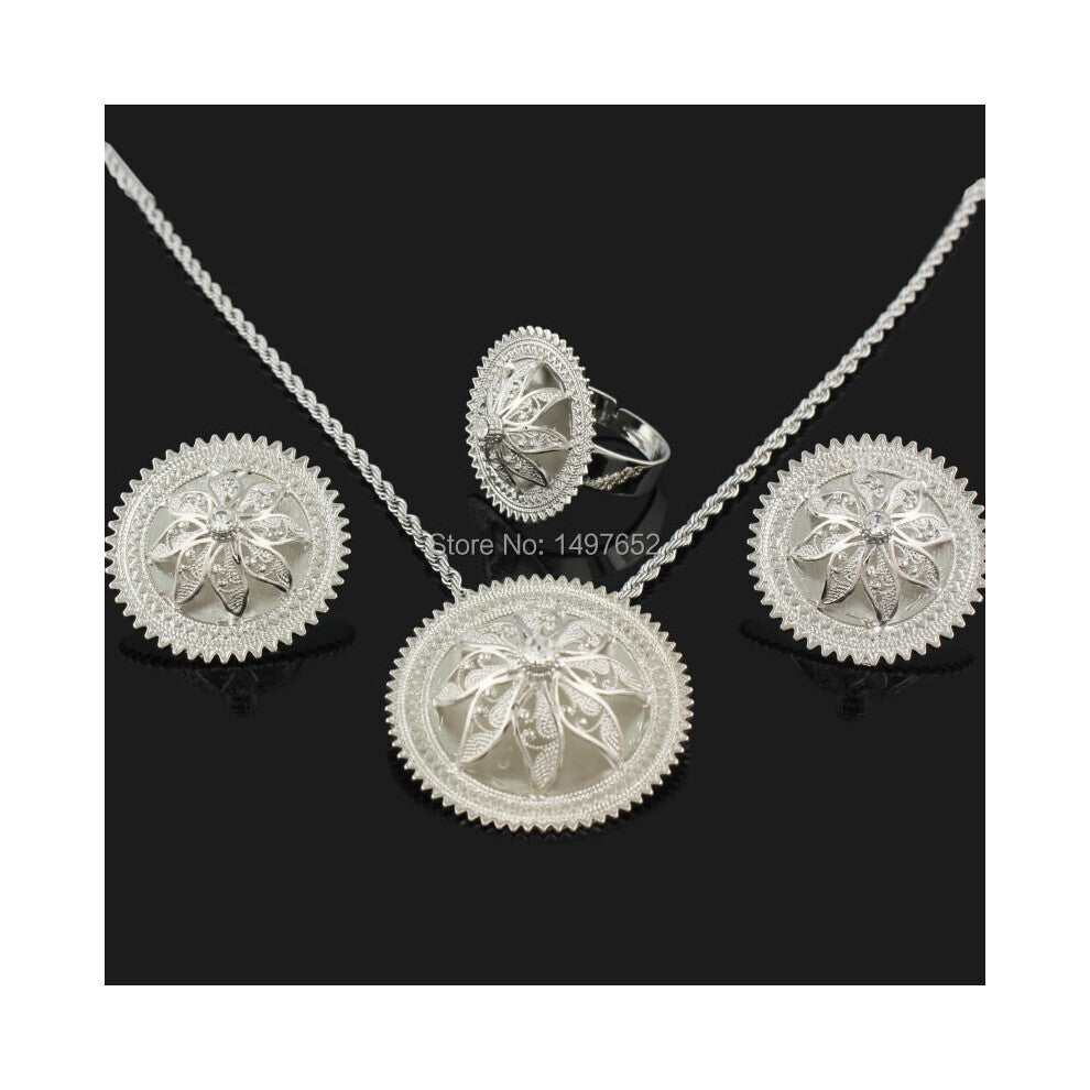 Newest Ethiopian Pendant-Earrings-Ring-Necklace Jewelry Silver Plated Habesha Jewelry African 4PCS Wedding Jewelry Sets