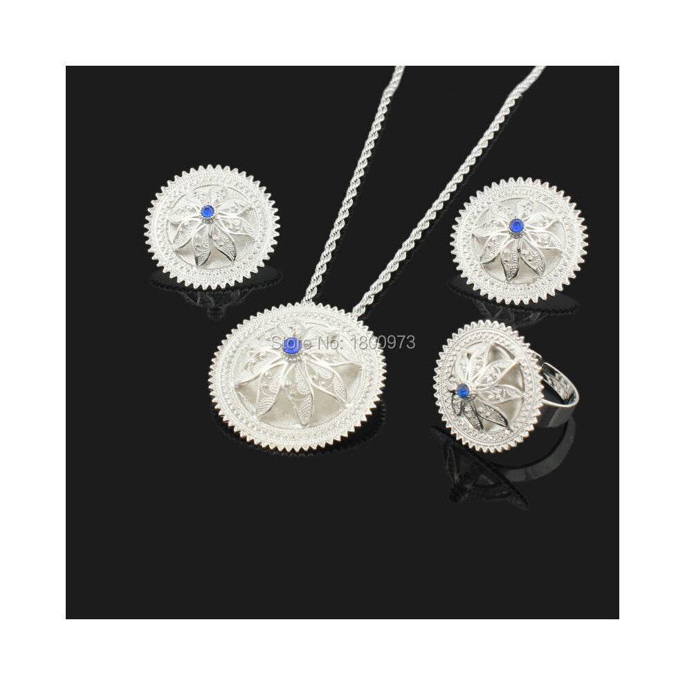(Blue) Newest Ethiopian Crystal Pendant-Earrings-Ring-Necklace Jewelry Silver Plated Habesha Jewelry African 4PCS Wedding Jewelry Sets