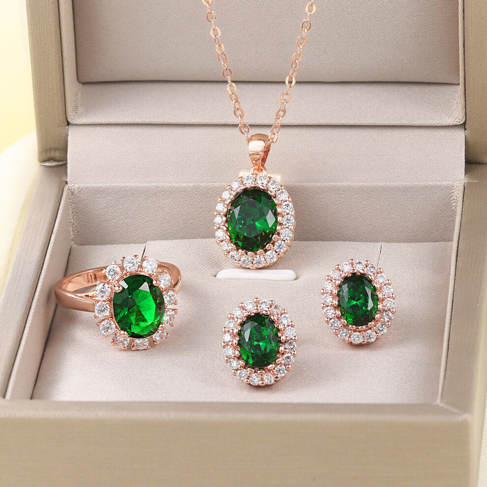 (Light Yellow Gold Color, 10) Wedding Jewelry Set For Women Rose Created Green Austrian Crystal With 3 Pcs Ring + Necklace + Eearrings ZYS107
