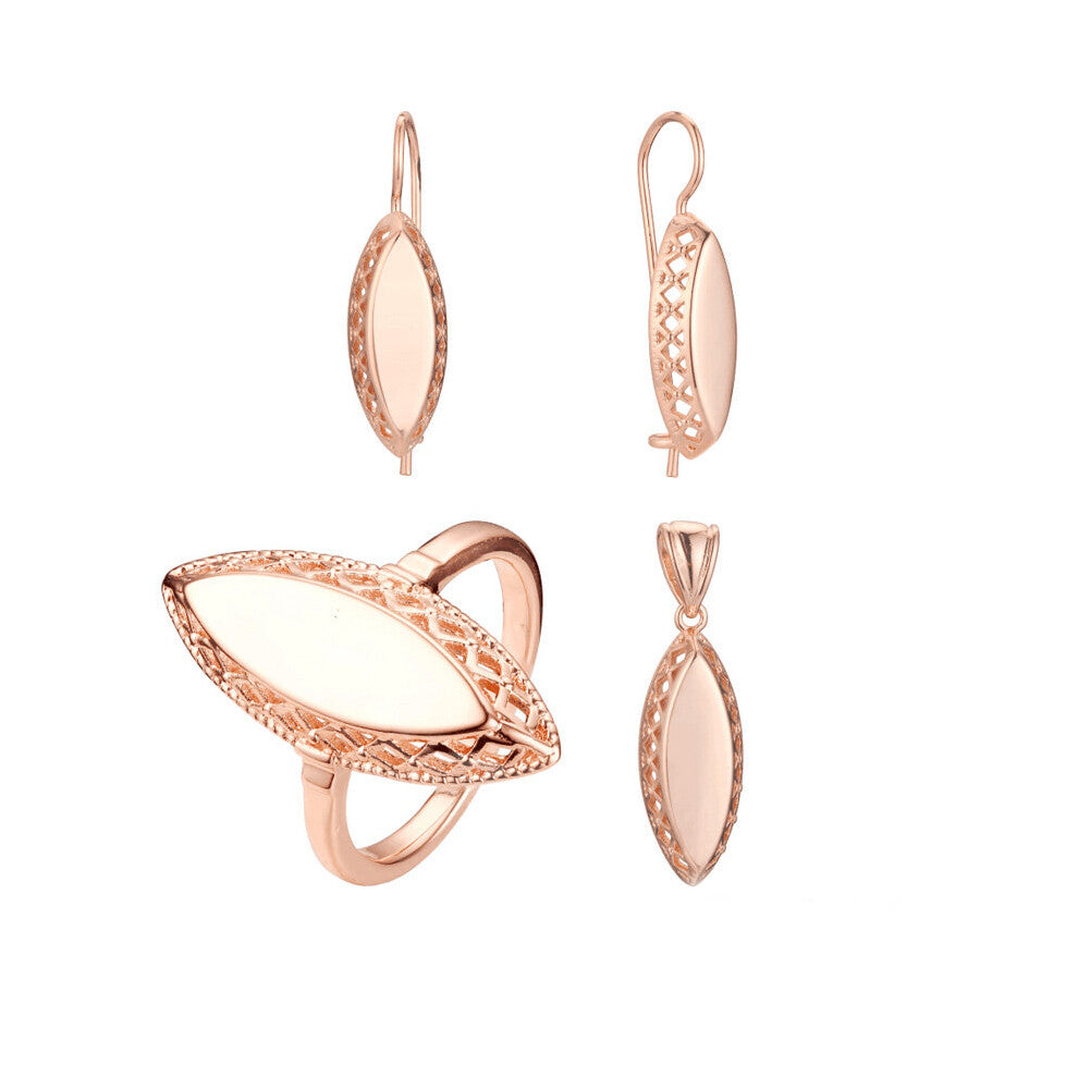 (Rhodium Plated, 8) FJ Women Oval Smooth 585 Rose Rings-Earrings-Pendant Set Jewelry