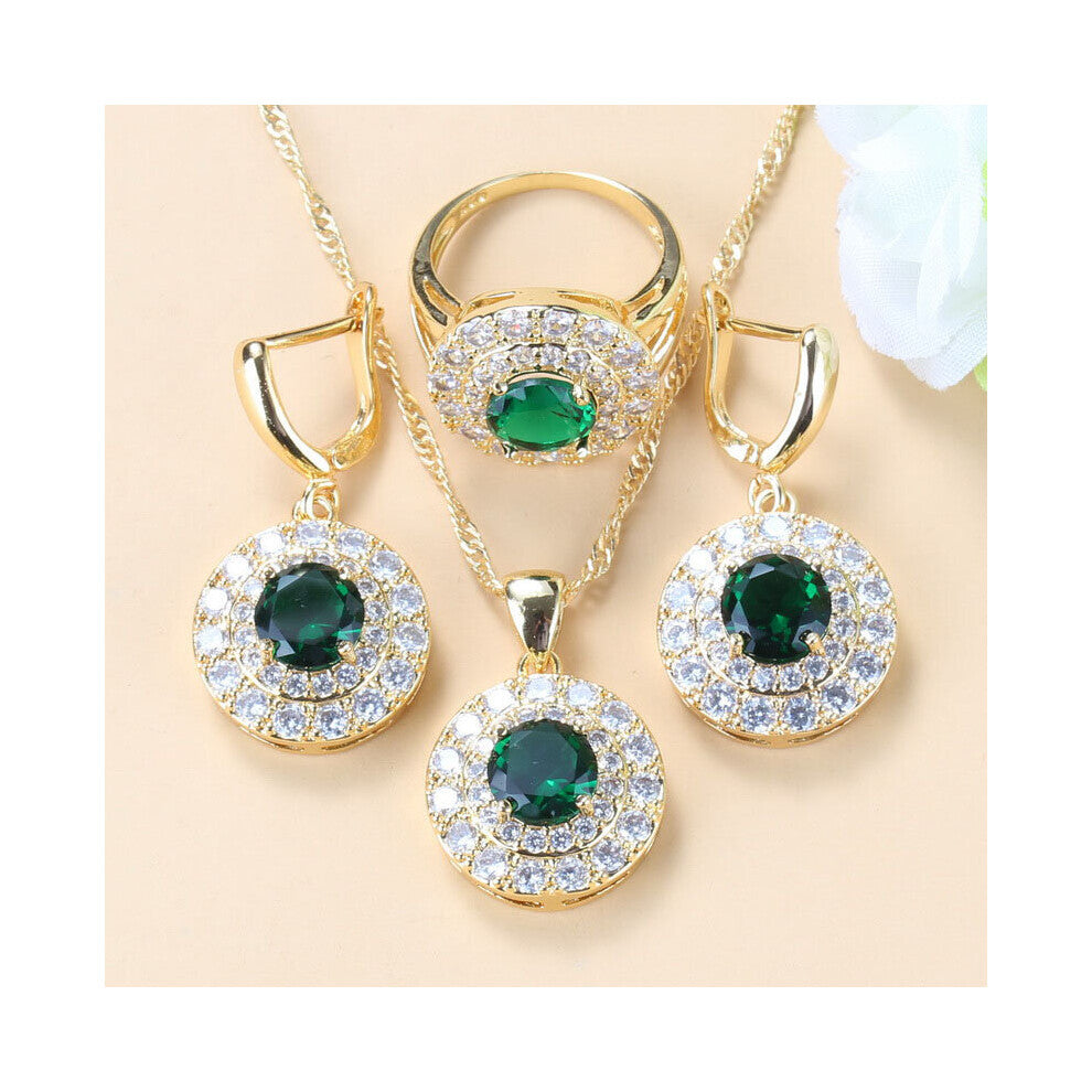 (Light Yellow Gold Color, 7) Purple Crystal Dubai Women Wedding Costume Round Dangle Earrings-Bracelet-Necklace And Ring Four-Piece Jewelry Sets