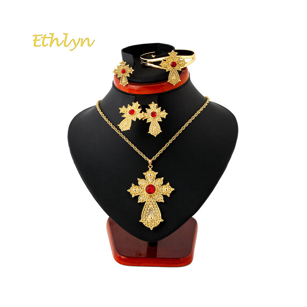 Ethiopian Rhinestone Cross Jewelry Set Necklace-Earrings-Ring-Bangle Habesha Africa Wedding S110