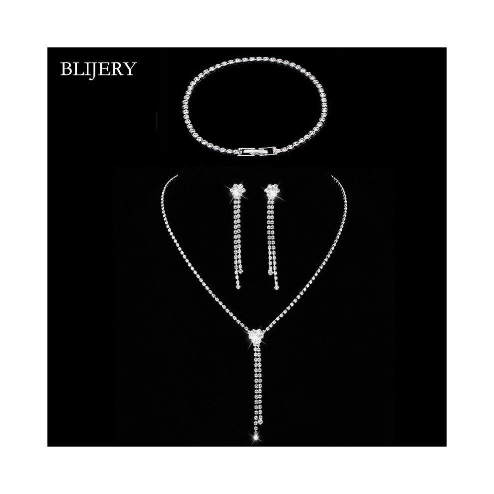 Bridal Jewelry Sets For Women Rhinestone Crystal Long Tassel NECKLACE+EARRINGS+BRACELET Wedding Jewelry Sets