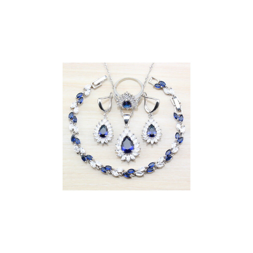 (Silver Plated, 10) Amazing Women Accessories Jewelry Sets Blue&White Zircon Bracelet-Ring Earrings Necklace Sets