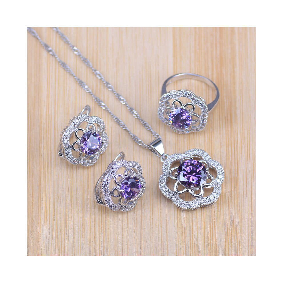 (Silver Plated, 10) Purple Rose Cubic Zircon Silver Costume Jewelry Party-Wedding-Engagement Pendant-Hoop Earrings-Ring-Necklace Set