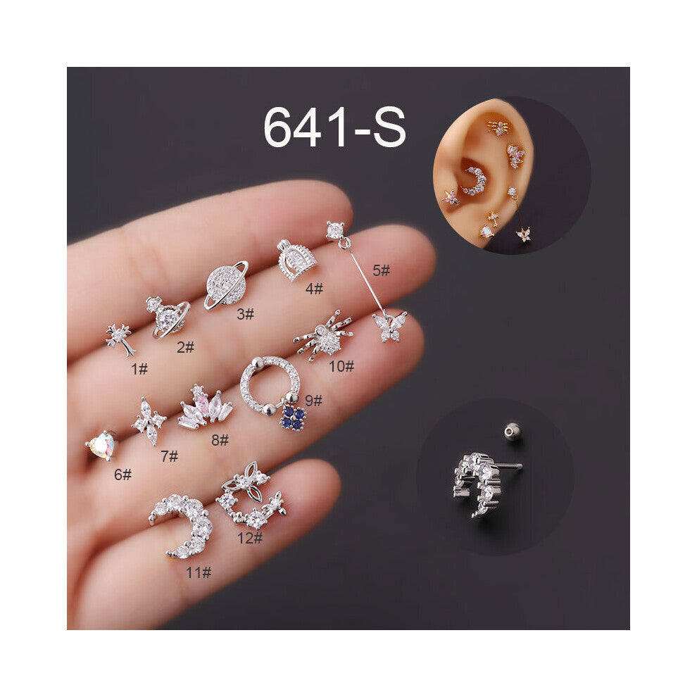 (Gold) 1Piece 0.8mm Stainless Steel Piercing Stud Earrings for Women Jewelry Ear Cuffs Moon Crown Butterfly Earrings