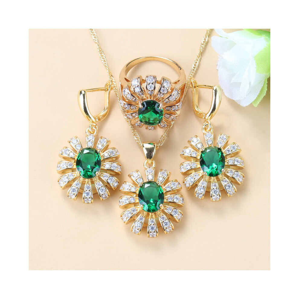 (Light Yellow Gold Color, 10) Africa Bridal Costume Yellow Big Jewelry Sets For Women Green Zircon Dangle Earrings-Necklace-Bracelet And Ring Sets