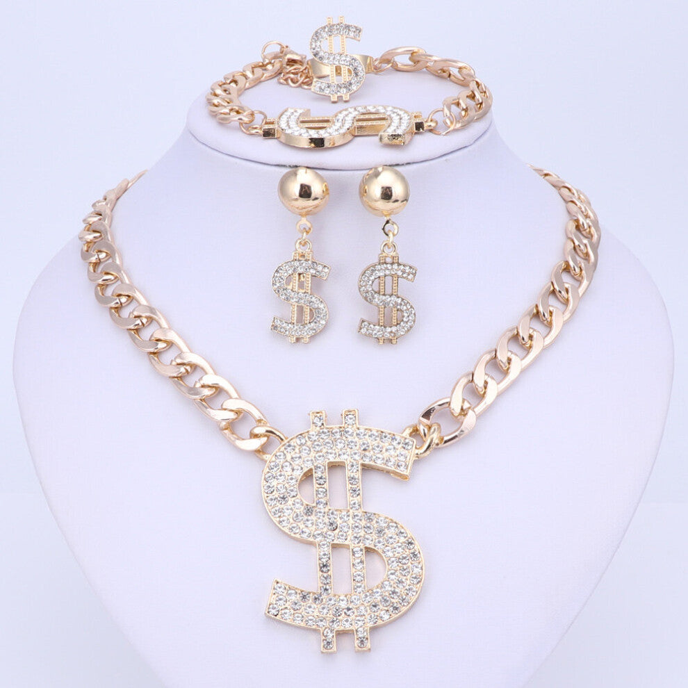 Hip Hop Bling Bling Dollar Sign Pendant Jewelry Set Dollar With Rhinestone Pendant Necklace Earrings Ring Bracelet