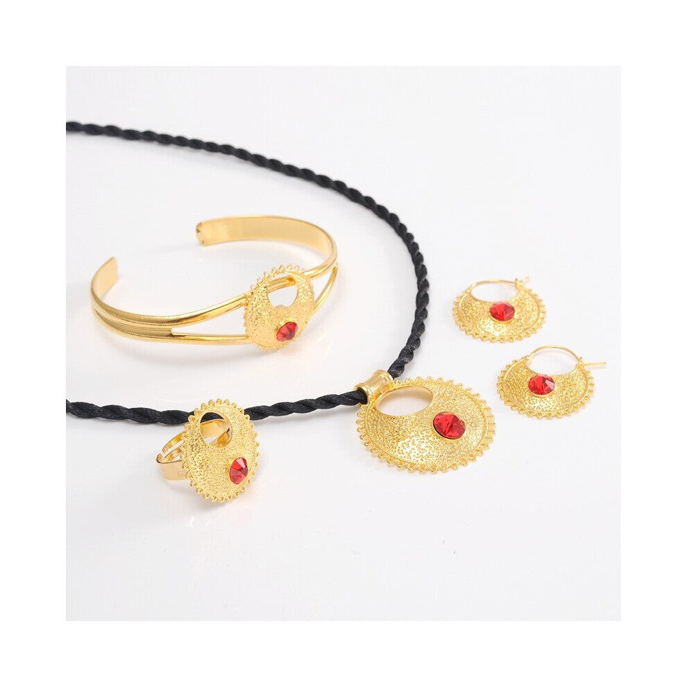 (Red) Ethiopiancrystal cz Jewelry set Pendant Necklaces-Earrings-Ring-Bangle Eritrea Africa Habesha Wedding Party