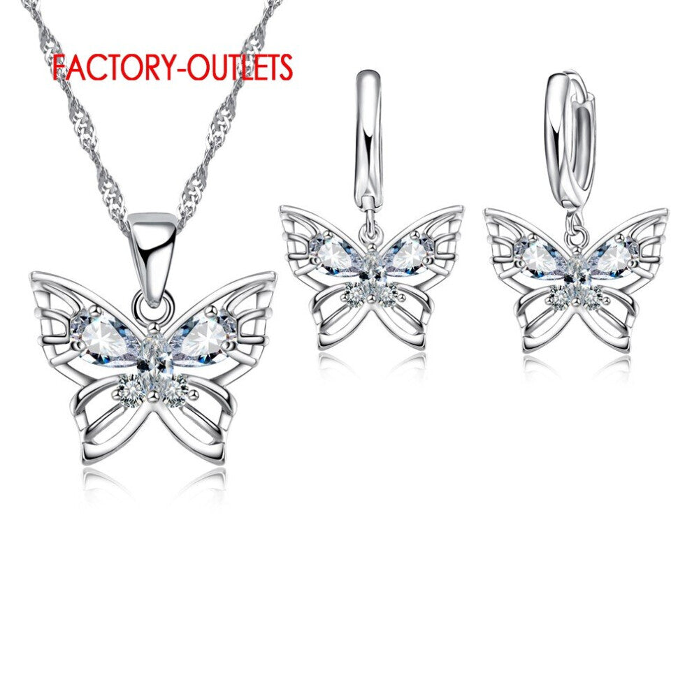 Pretty Butterfly 925 Jewelry Set For Women Zircon Crystal Earrings+Necklace Wedding Sets