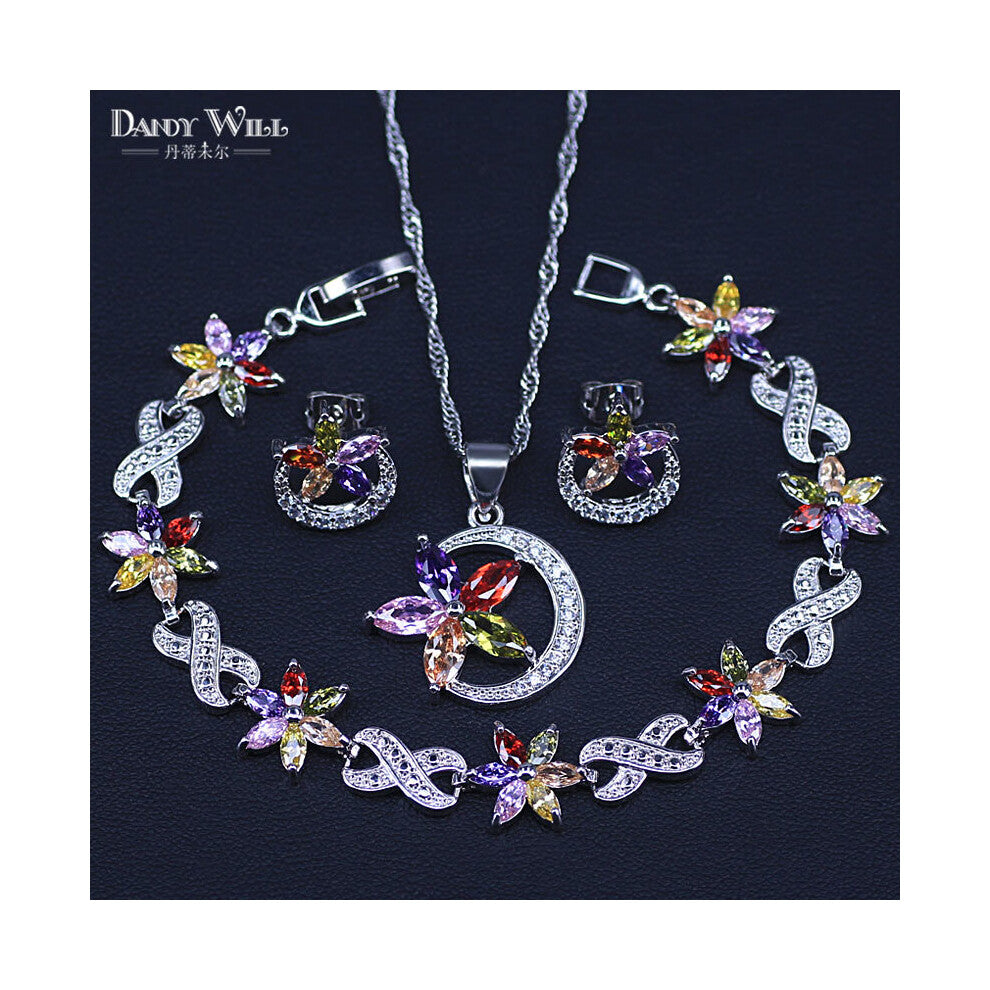 Silver Jewelry Multicolor Stones Cubic Zirconia Costume Jewelry Sets For Women Earrings-Pendant-Necklace-Bracelet