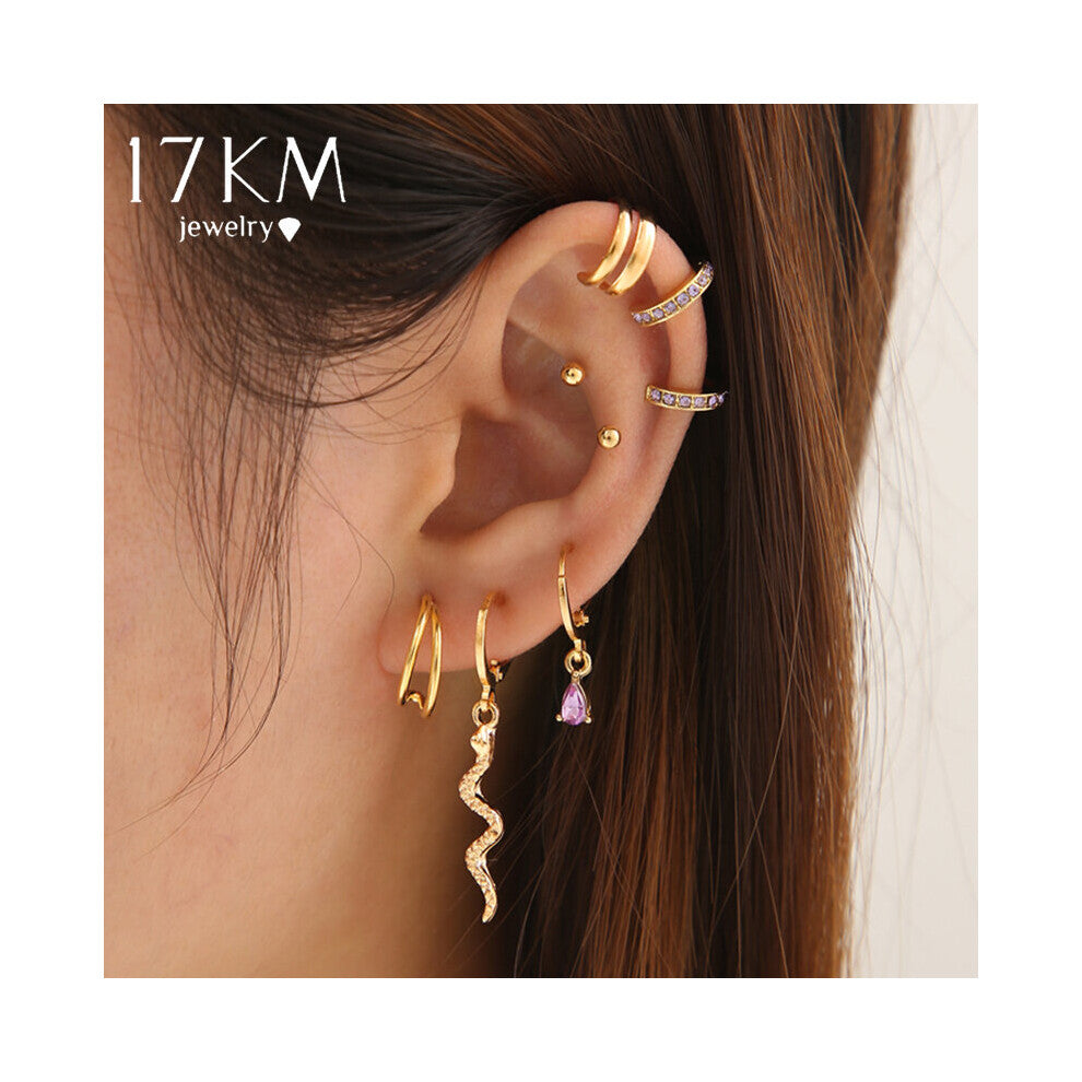 Crystal Ear Cuffs Sets Vintage Metal Earrings for Women Purple Non-Piercing Hollow Jewelry