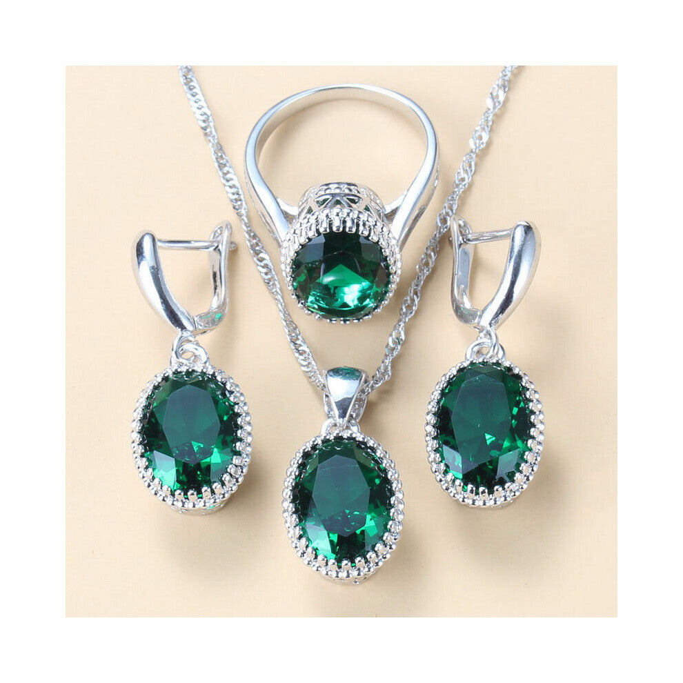 (Gold-color, 10) 8-Colors Silver Women Bridal Jewelry Sets Green Stone CZ Dangle-Earrings-Necklace And Ring Sets