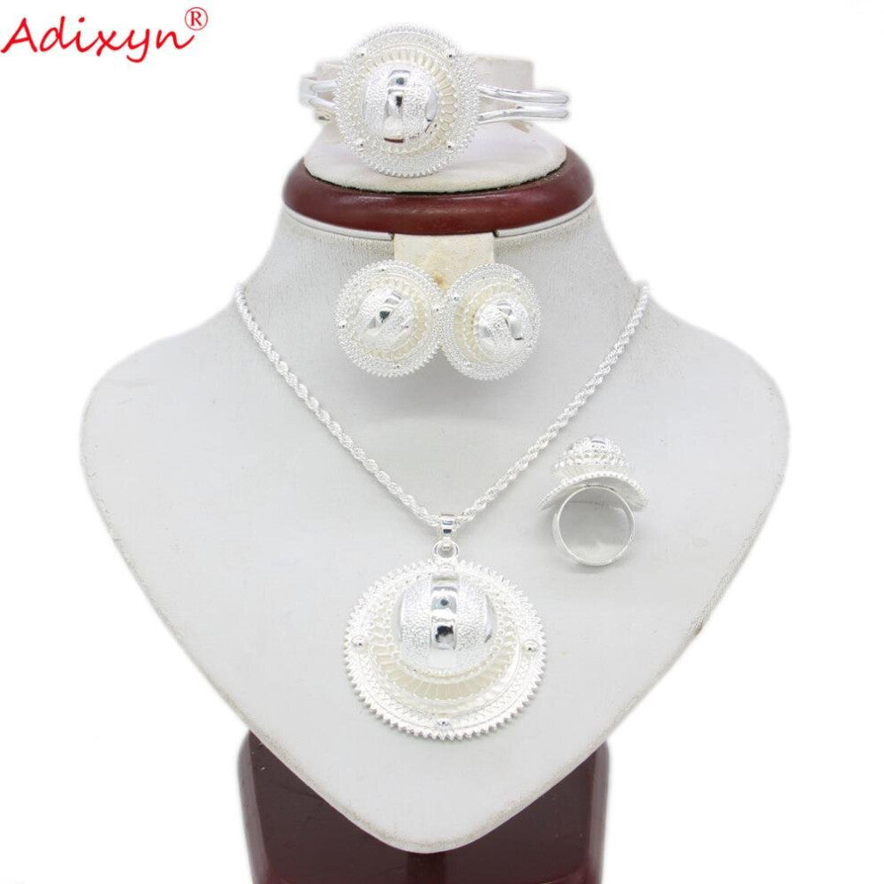 (Gold-color, 45cm) Silver Ethiopian Necklace-Pendant-Earrings-Ring-Bangle Jewelry sets Silver Habesha African Wedding N06155