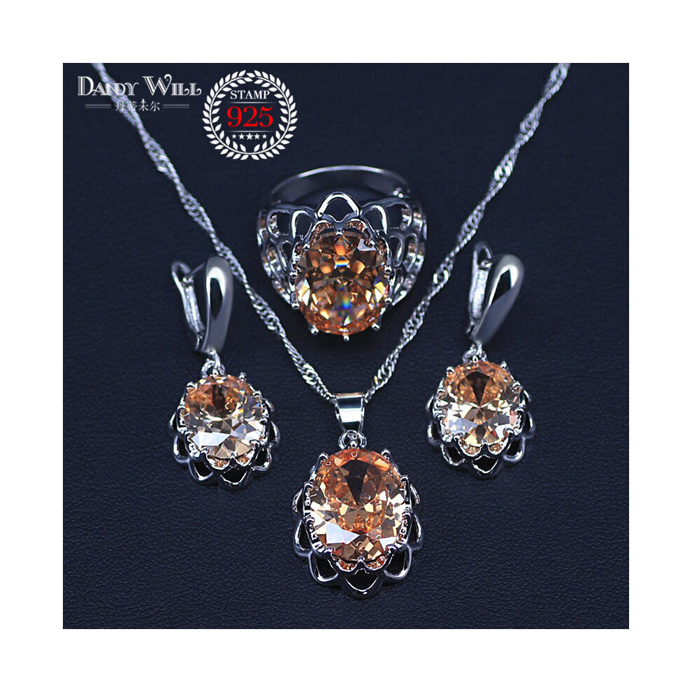(Silver Plated, 10) silver Bridal Jewelry Champagne Zircon Jewelry Sets For Women Earrings-Pendant-Necklace-Rings-Bracelet