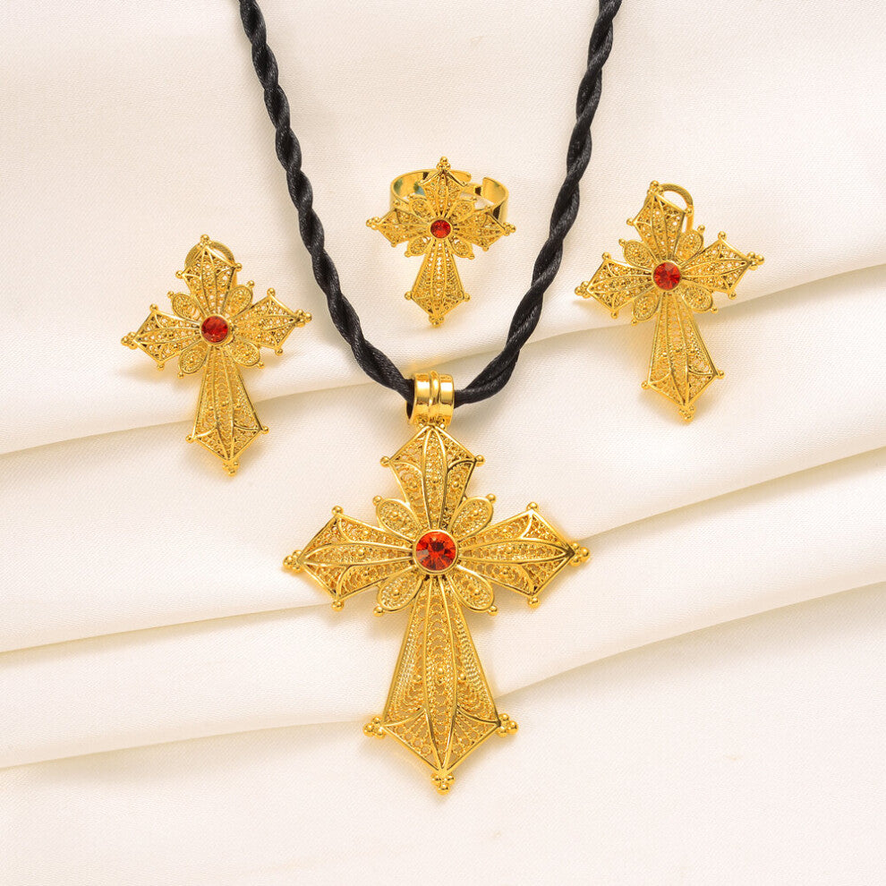 Ethiopian Red Rhinestone Cross Jewelry Set Necklace-Earrings-Ring Habesha Africa Wedding