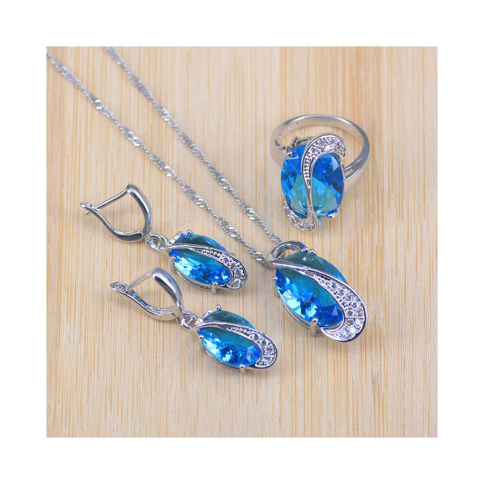 (Blue, 9) sky princess crystal jewelry silver wedding costume jewelry sets for brides ring-pendant-earring-bracelet