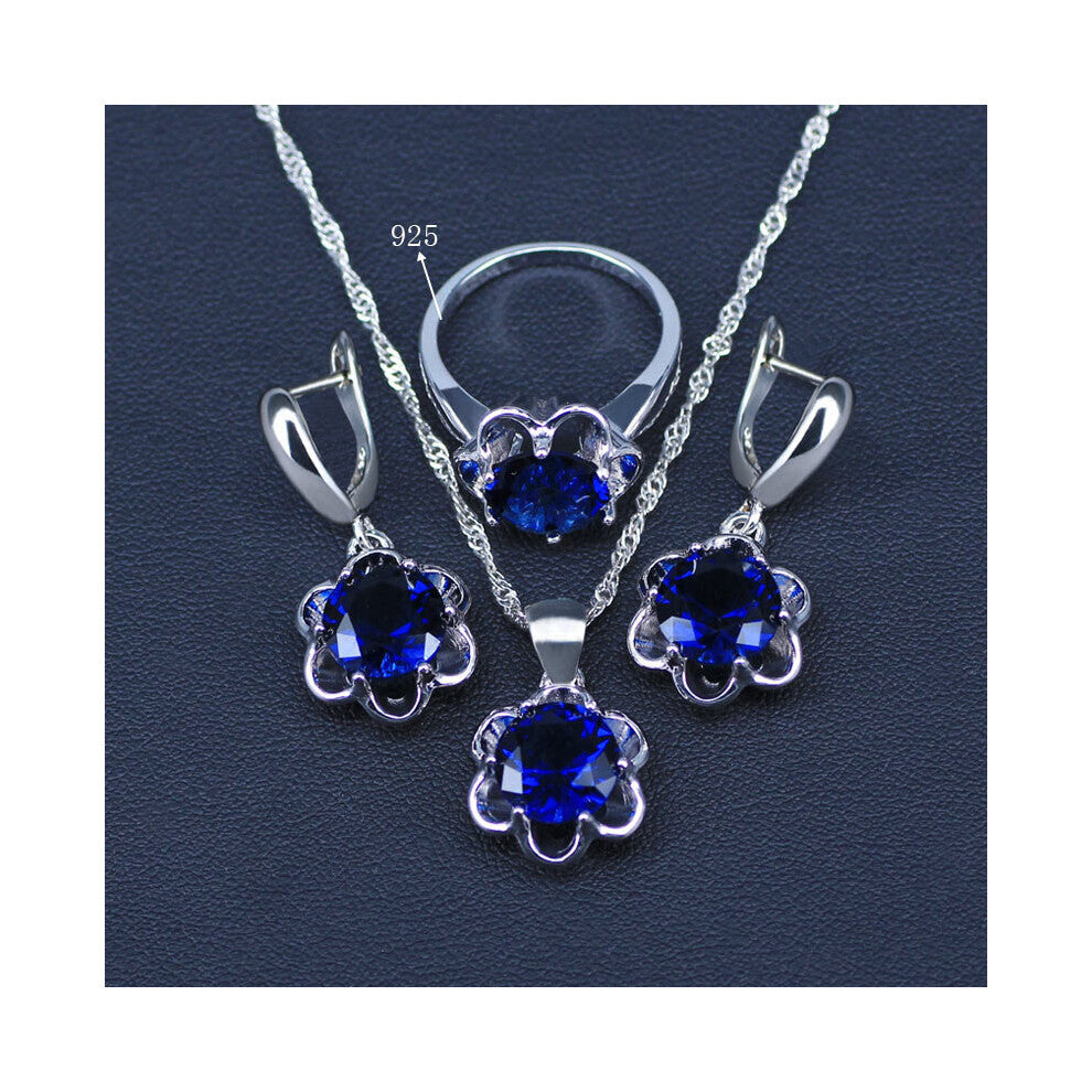 (Rhodium Plated, 7) Flower Zircon Bridal Silver Jewelry Sets Women Pendant&Necklace Ring Earrings With Natural Stones Jewelry Gift Box