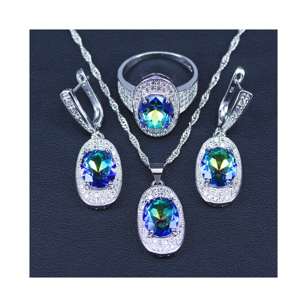 (Silver Plated, 6) Silver Rainbow Bridal Jewelry Cubic Zirconia Jewelry Sets For Women Wedding Necklace-Pendant-Earrings-Ring