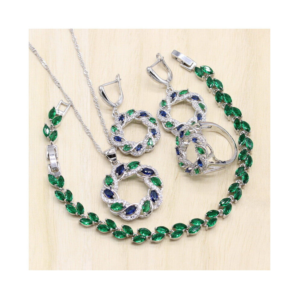(Light Yellow Gold Color, 8) Blue& Green Stones Zircon Women Silver Jewelry Sets Earrings-Pendant-Necklace-Rings-Bracelets for Bridal Set Box