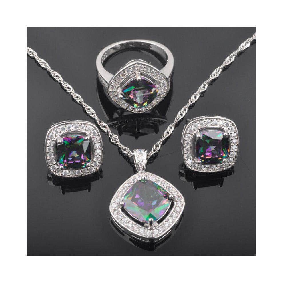(MULTI, 9) Square Multicolor Rainbow Zircon Women's Silver Plated Jewelry Sets Earrings-Pendant-Necklace-Rings QZ0125