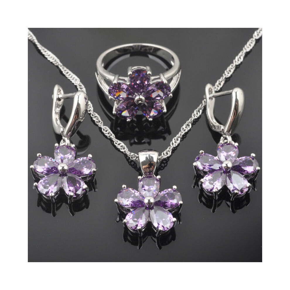 Purple Zircon Crystal Flower Women's Silver Plated Jewelry Sets Earrings-Pendant-Necklace-Rings QZ0250