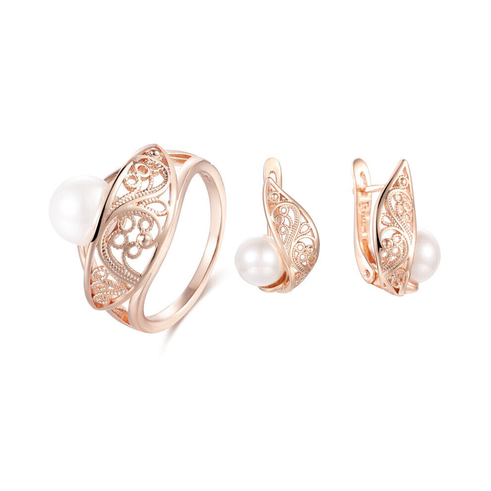 FJ Women Simulated Pearl Rings+Earrings 585 Rose Set Jewelry