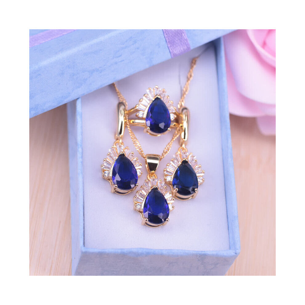 (Gold-color, 6) earrings-rings-necklace-pendant jewelry set jewelry crystal CZ pear square jewelry set for women